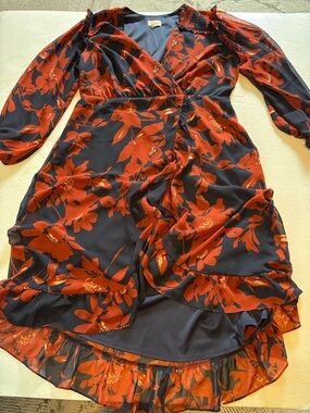 Seven7 Navy Wrap High-Low Dress with Red Floral Print